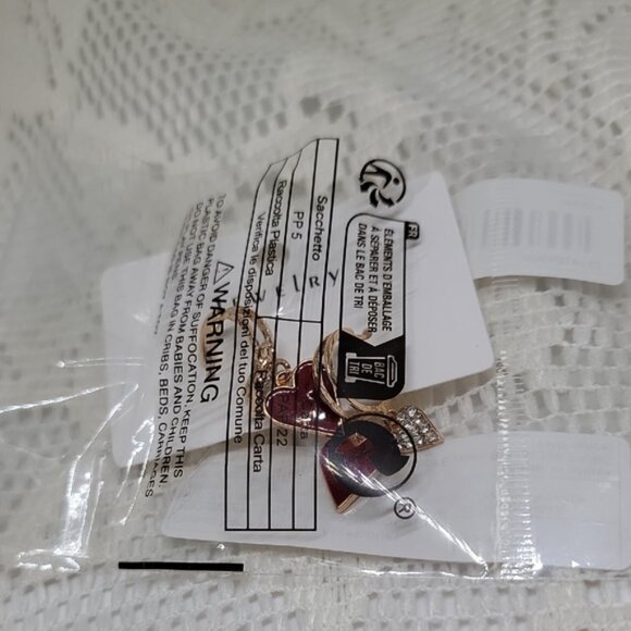 Double Heart Dangle Earrings Faux Crystal Red Silver Gold Tone .98 Inch Drop New - Picture 5 of 11